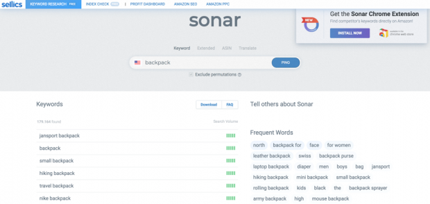 Herramienta de investigación de palabras clave Sonar para Amazon
