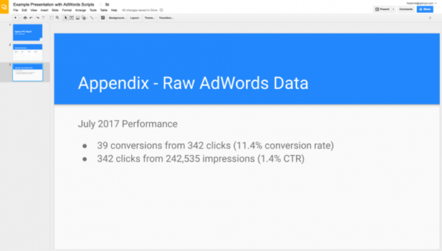 ppc raporlaması için Google slaytları için Adwords komut dosyaları