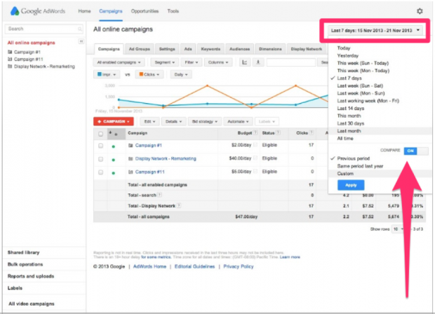Adwords ppc raporunda karşılaştırma tarihlerini açın