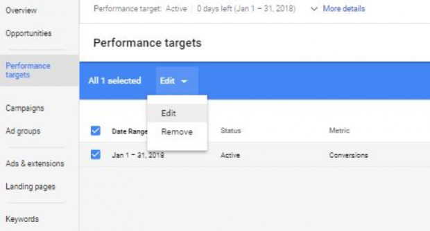 Edit target kinerja di tangkapan layar AdWords