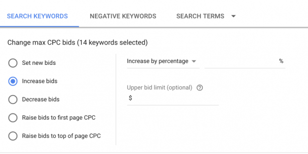 Tangkapan Layar Tingkatkan Tawaran di AdWords