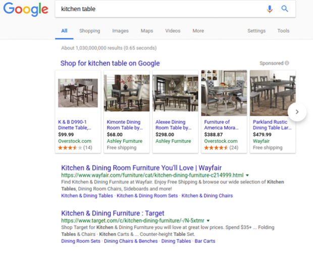 Mutfak Masası için Ürün Listeleme Google Alışveriş Reklamları