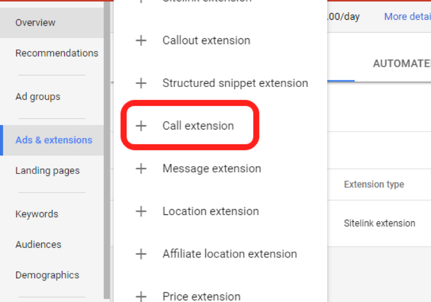 captura de pantalla de extensiones de llamada