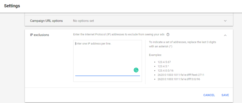 Captura de pantalla de la configuración de AdWords
