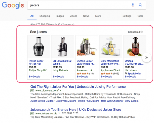 Google 中用于榨汁机的 PLA 广告