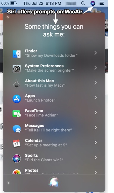 Mac Air 上的 Siri 顯示在右上角