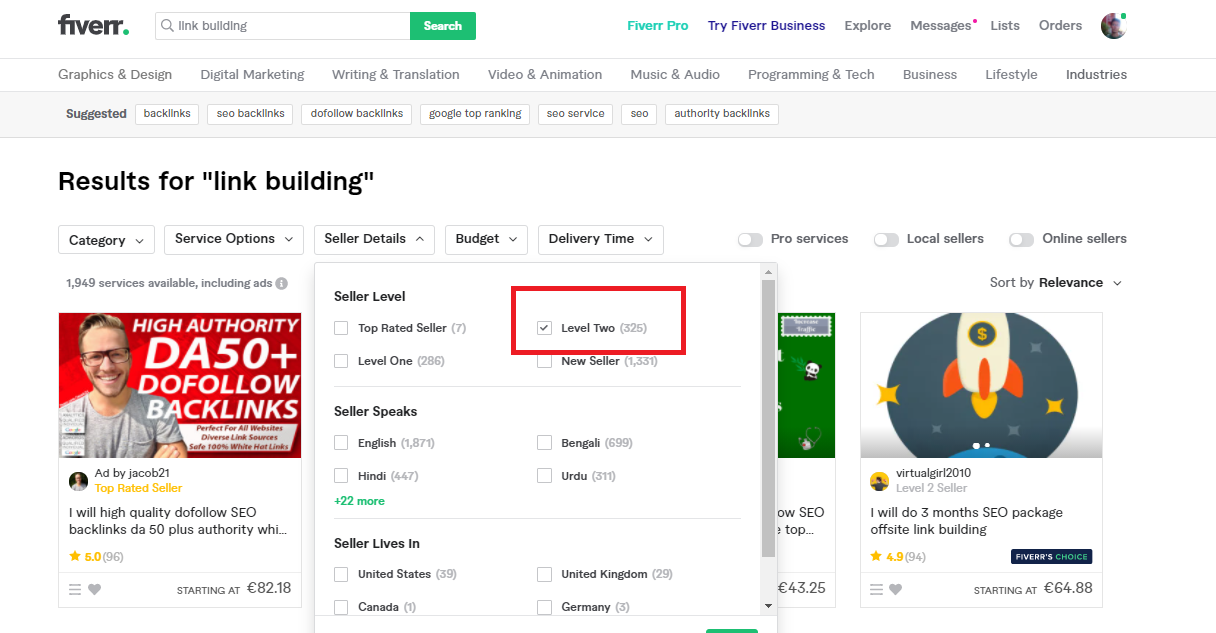 Menemukan penjual level 2 di Fiverr