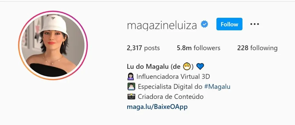 Captura de tela da conta do Instagram do influenciador virtual Lu de Magalu