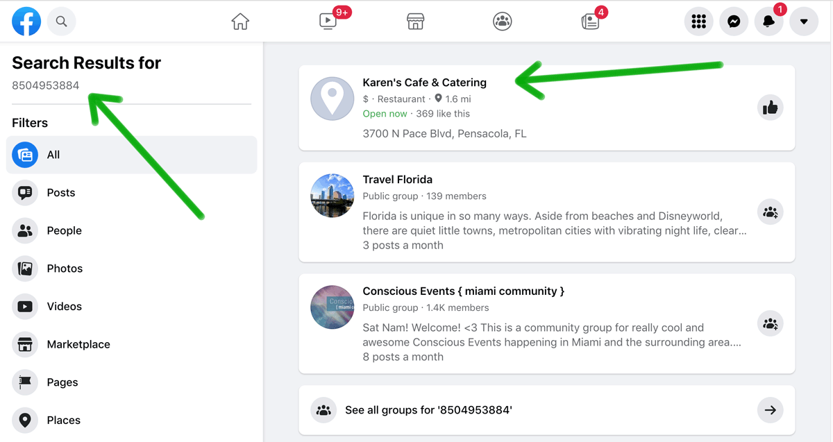 tarayıcıda facebook'ta telefon numarası arama sonuçları.