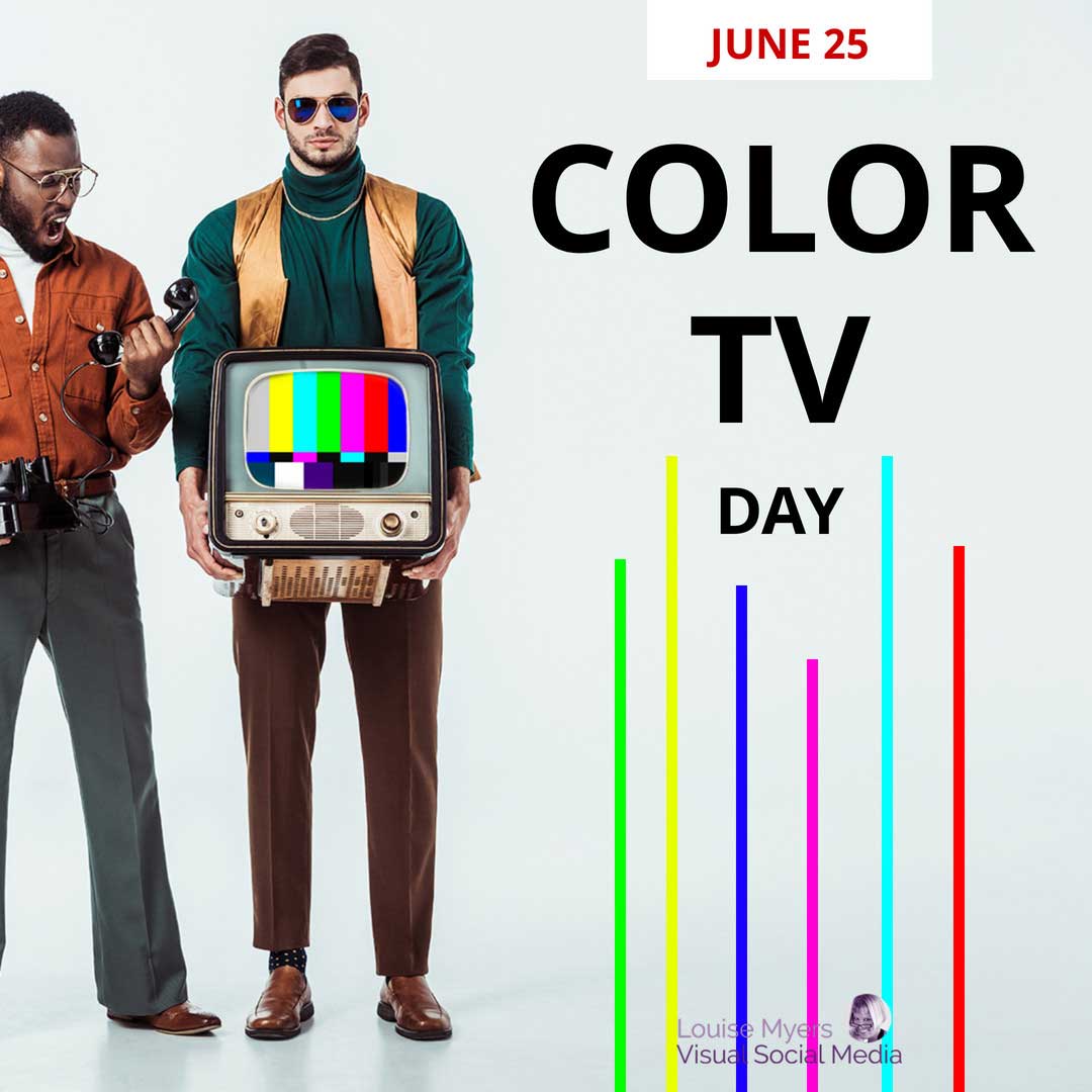 Eski tarz televizyon tutan hipster 25 Haziran Renkli TV Günü diyor.