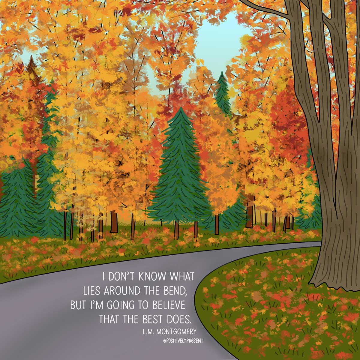 des arbres d'automne colorés entourent le chemin avec un texte de citation dessus.