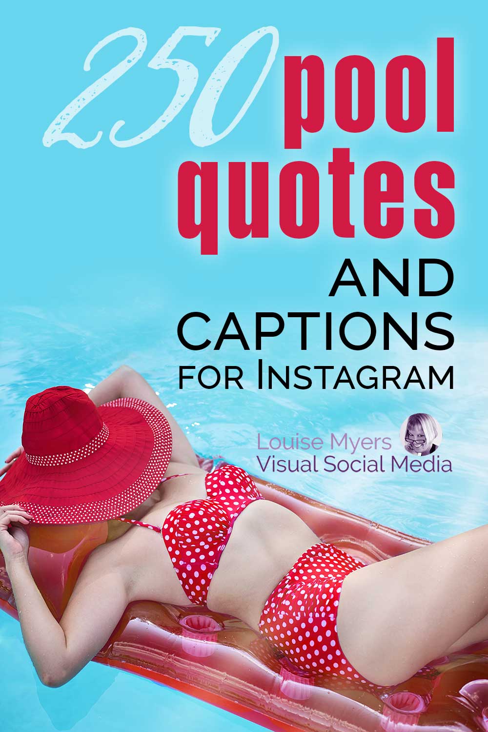 Havuzda yüzen kırmızı bikinili kadın, Instagram için 250 Havuz Alıntısı ve Altyazı yazısıyla.