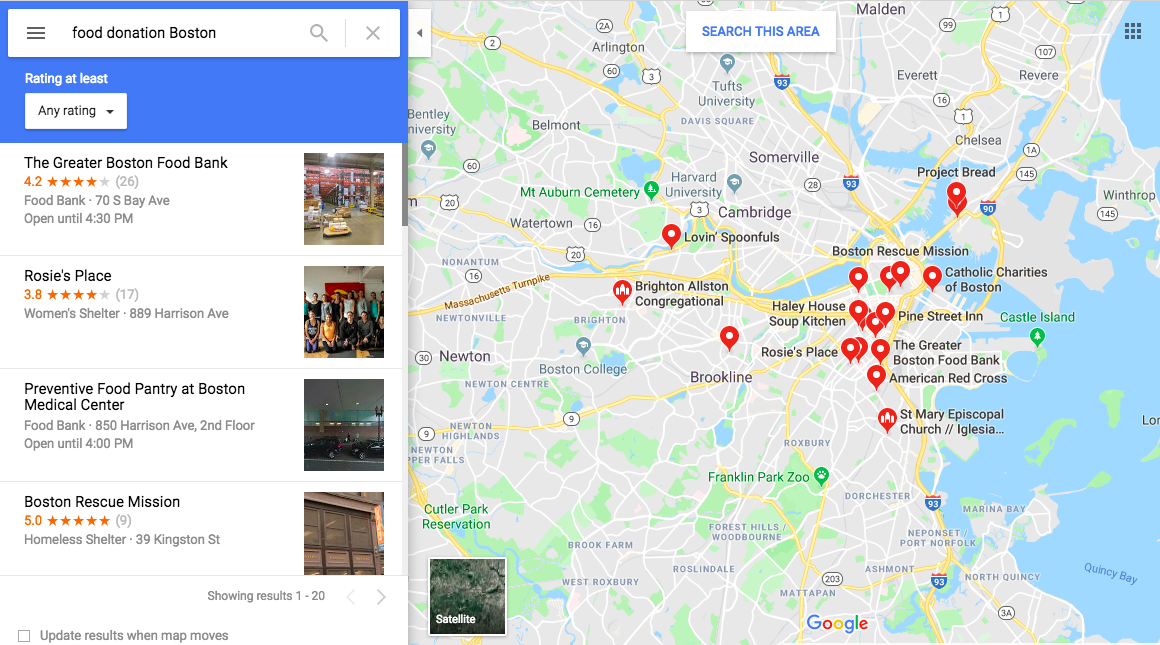 Google maps ผลการค้นหาสำหรับ "บริจาคอาหารบอสตัน"