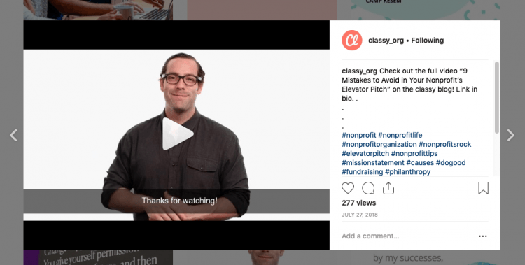 Post na Instagramie Classy.org z filmem o prezentacji windy