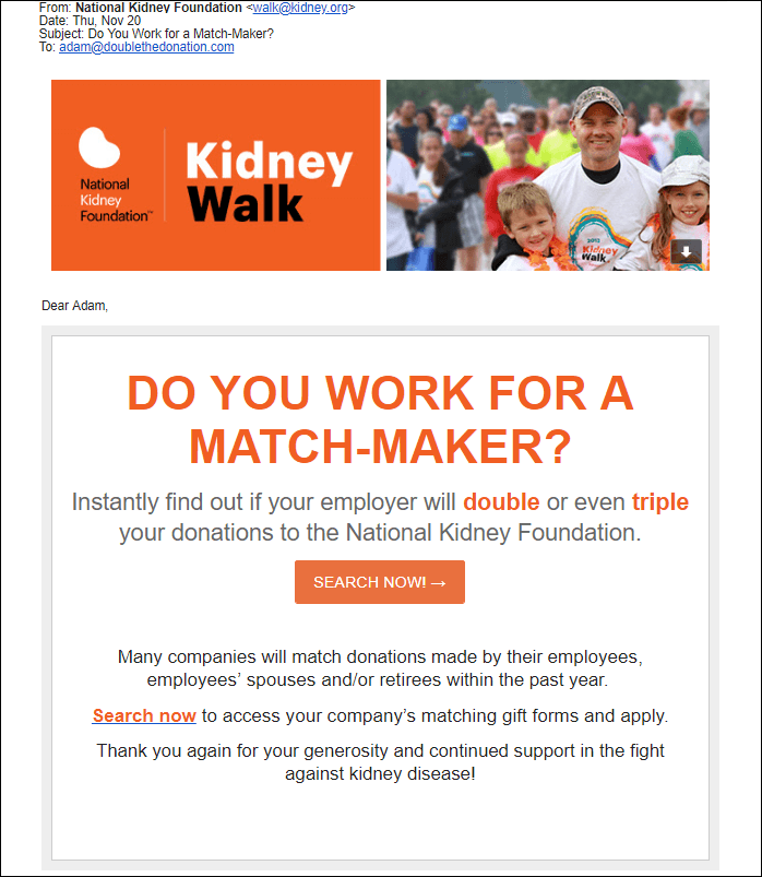 O campanie de e-mail cu cadouri potrivite de la National Kidney Foundation.