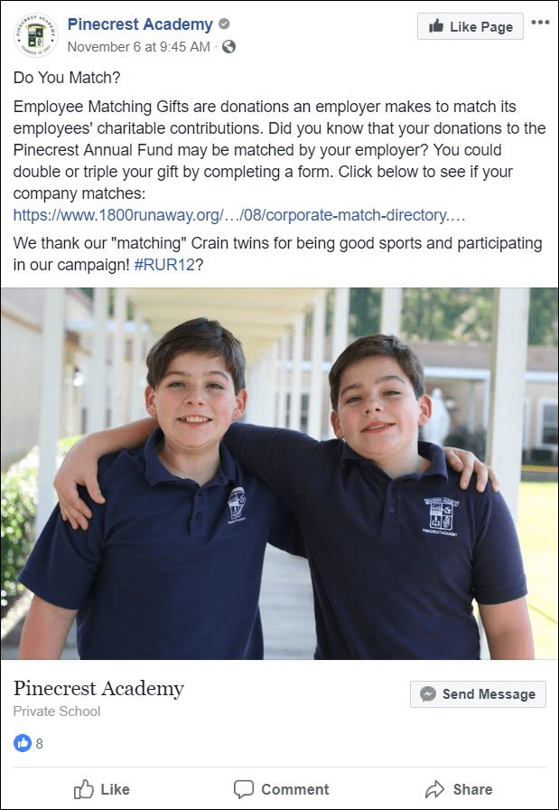 Postare pe Facebook despre cadourile potrivite de la Pinecrest Academy.