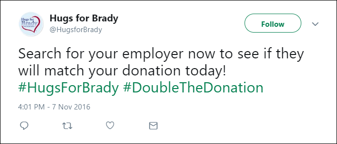 Tweet de la Hugs for Brady Foundation despre cadouri potrivite.
