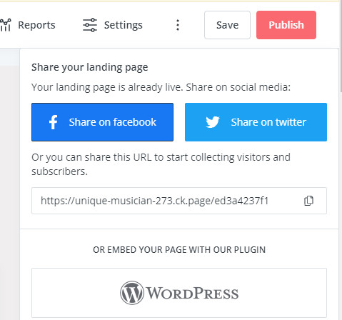 Publication de la page de destination – ConvertKit