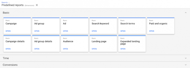 Hay informes preformateados para anuncios gráficos de Google AMP y páginas de destino de AMP.