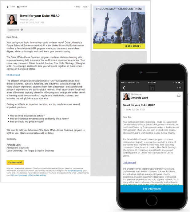 Exemplu de InMail LinkedIn de la Universitatea Duke