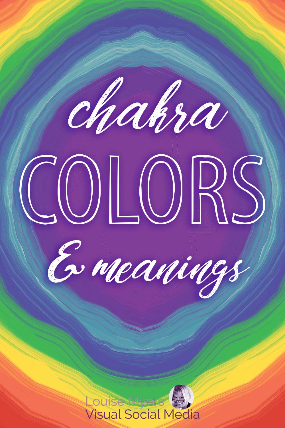dicat pelangi warna-warni yang disusun dalam lingkaran yang mengelilingi teks chakra warna dan artinya.