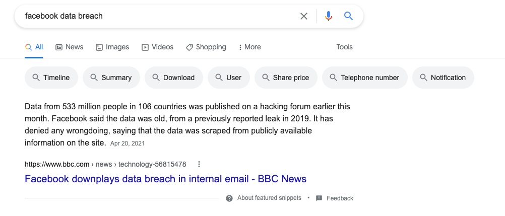 Snippet em destaque de violação de dados do Facebook