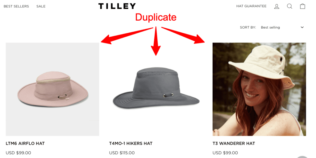 Páginas de productos duplicadas de Tilly