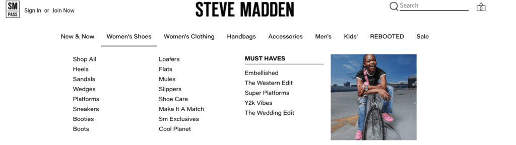 Navegación del sitio de Steve Madden