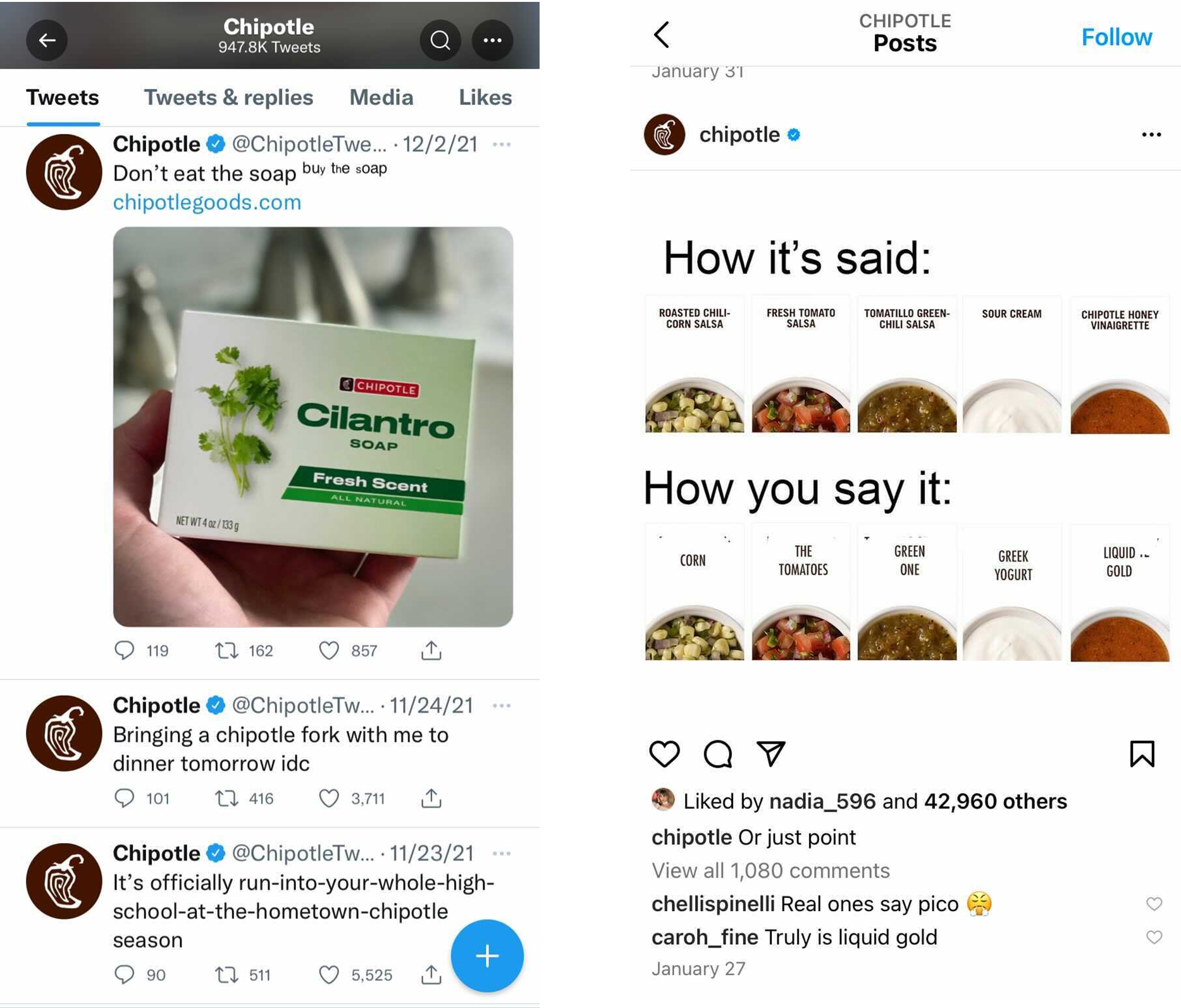 Bildschirmaufnahme verschiedener Tweets von Chipotle, die humorvoll sind und sich an ein jüngeres Publikum richten