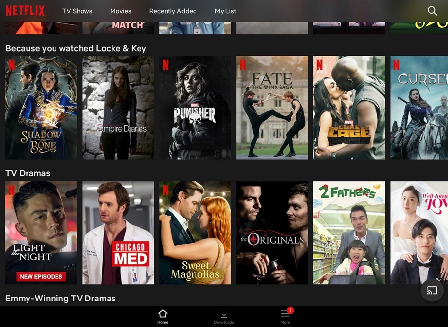 Screenshot von Netflix-Empfehlungen auf ihrer Plattform unter den Kategorien „Weil du Locke & Key gesehen hast“ und „TV-Dramen“