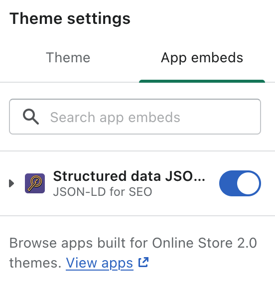 Настройки темы для встроенных приложений, показывающие, что JSON-LD для приложения структурированных данных SEO включен.