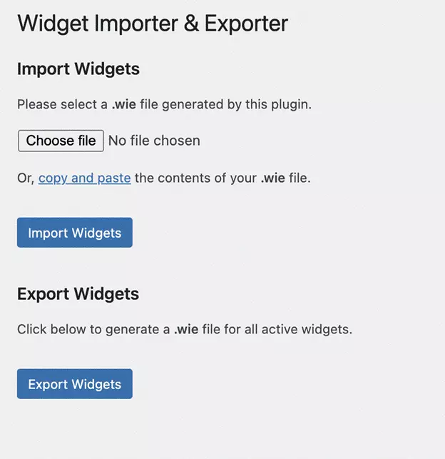 Tableau de bord d'importation et d'exportation de widgets WordPress