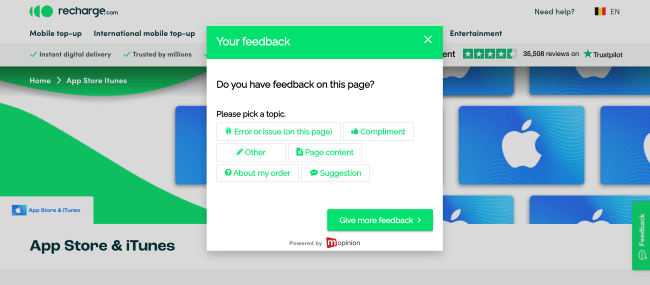 Mopinion: Recharge.com collabora con Mopinion per rafforzare la sua strategia incentrata sul cliente - Modulo di feedback