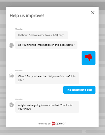 Pesquisa de feedback conversacional na página de perguntas frequentes