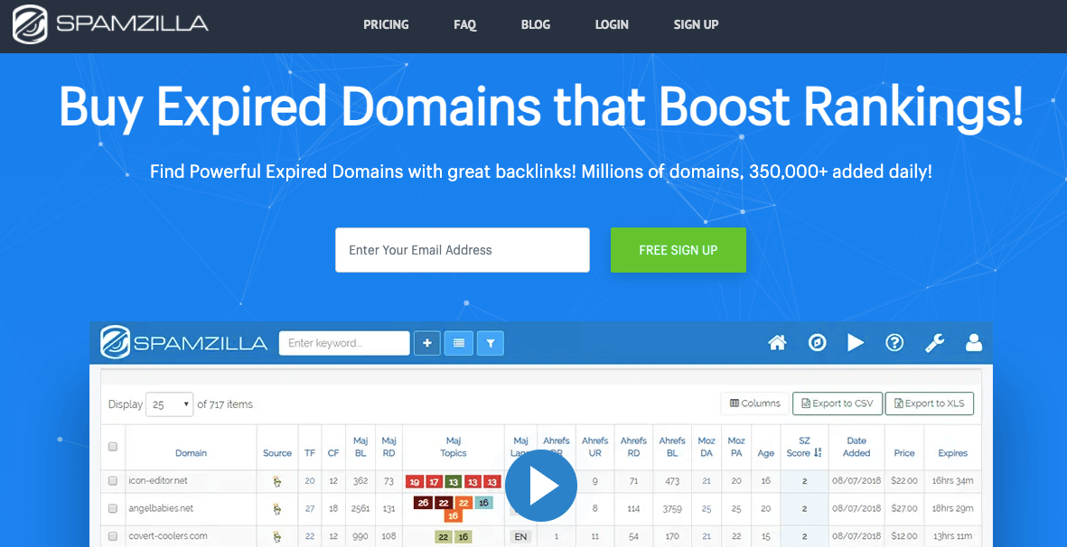 Spamzilla لشراء أسماء نطاقات منتهية الصلاحية