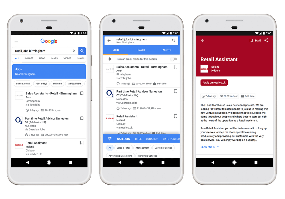 Aperçu de la façon dont les offres d'emploi annoncées apparaîtront dans les résultats de recherche mis à jour de Google
