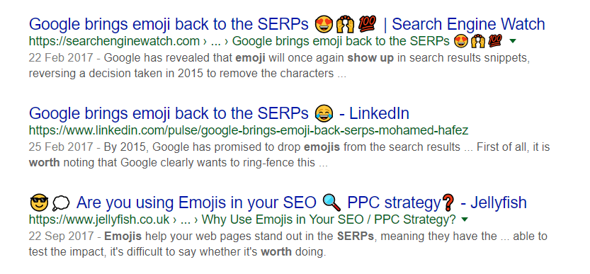 ตัวอย่างอีโมจิที่ใช้ในหน้าผลลัพธ์ของเครื่องมือค้นหาของ Google
