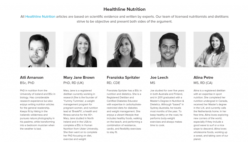 ภาพหน้าจอของหน้าผู้เขียนโภชนาการ Healthline
