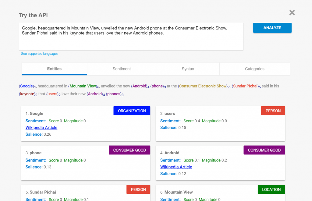 ตัวอย่าง API ภาษาธรรมชาติของ Google