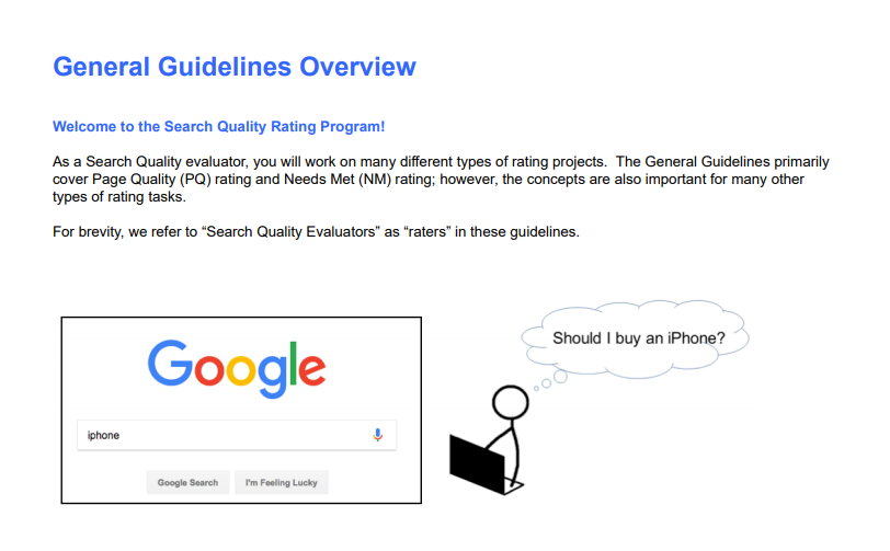 Capture d'écran des directives d'évaluation de la qualité de recherche de Google