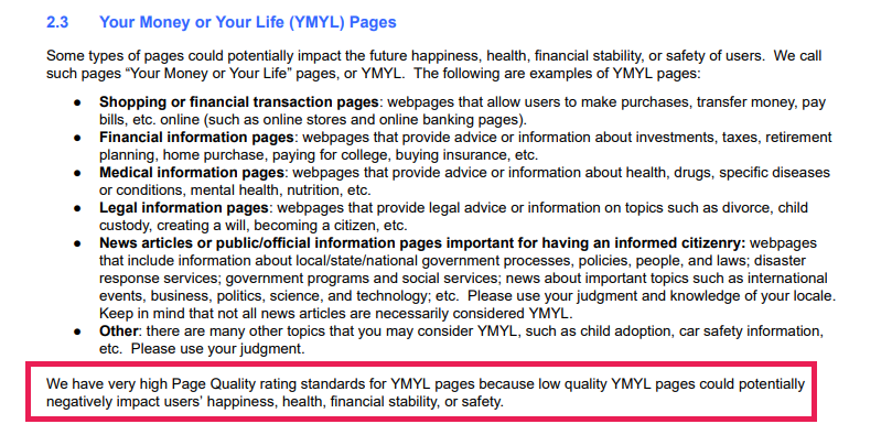 L'acronyme Your Money or Your Life est expliqué dans les directives de l'évaluateur de la qualité de la recherche de Google.