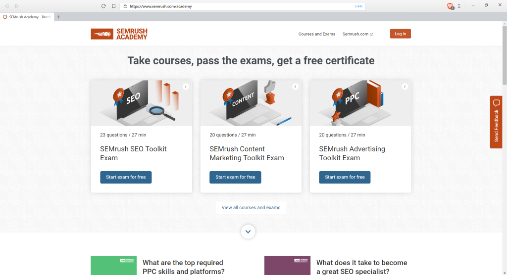 Captură de ecran a Academiei SEMrush