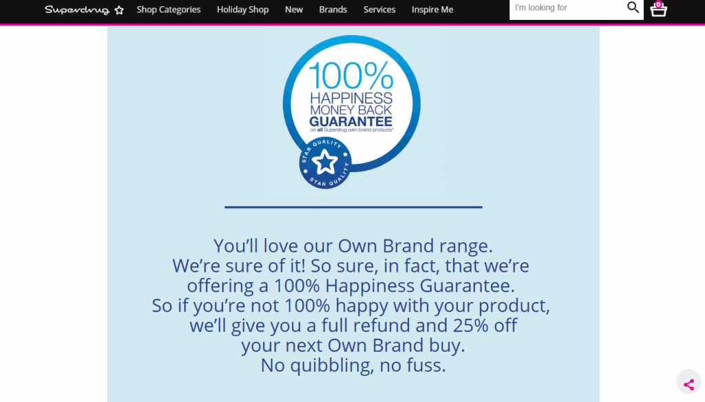 Captura de pantalla de la garantía de devolución de dinero de Superdrug Superdrug's money back guarantee