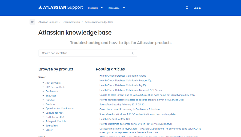 Tangkapan layar dari basis pengetahuan Atlassian