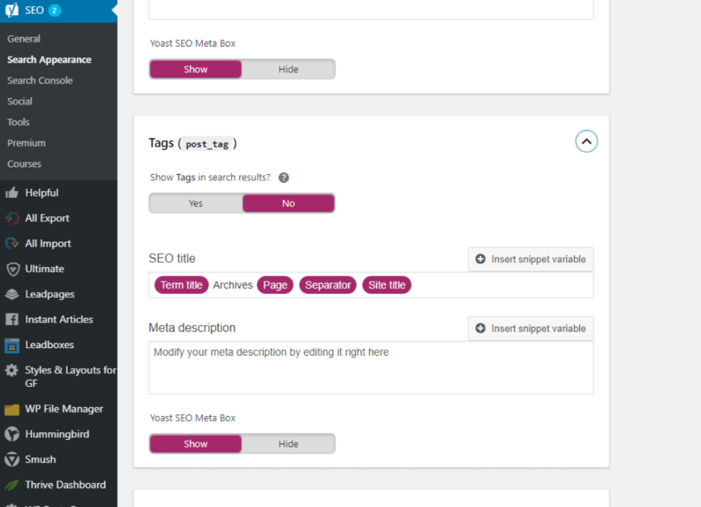 Tangkapan layar Menu Opsi Arsip Yoast
