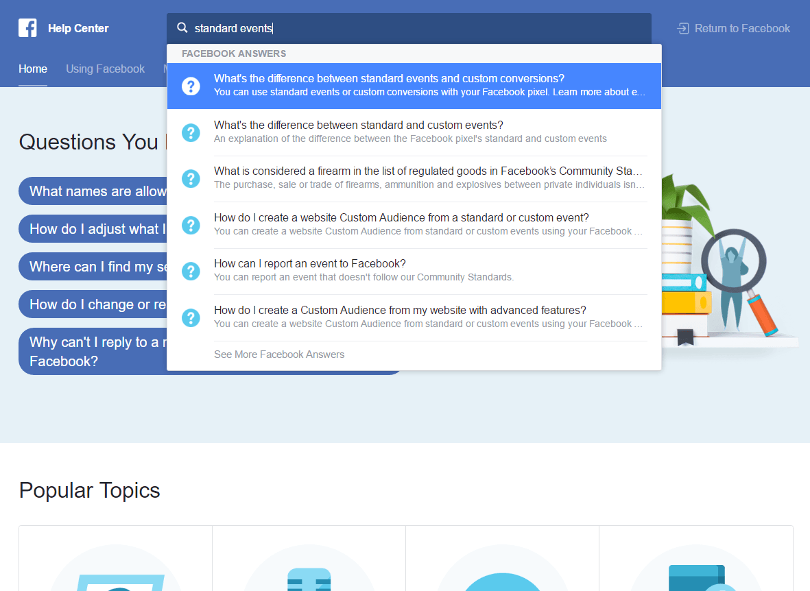 Căutarea standard de evenimente din ghidul oficial de reclame Facebook