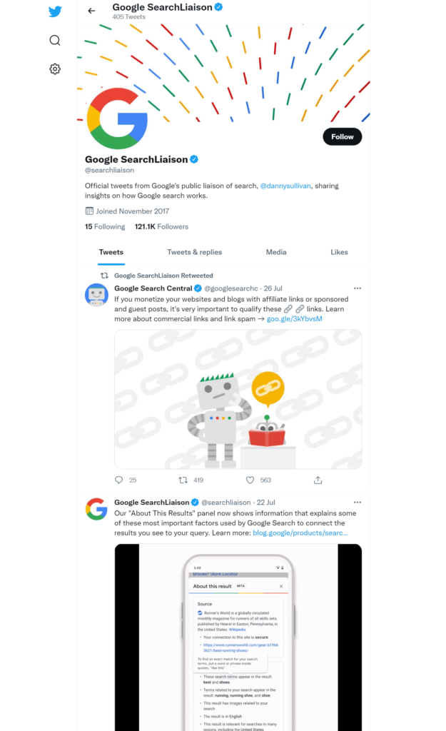 Zrzut ekranu konta Google Search Liaison na Twitterze