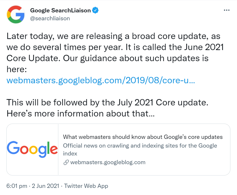 Zrzut ekranu z ogłoszeniem obszernej aktualizacji głównej przez Twittera w Google