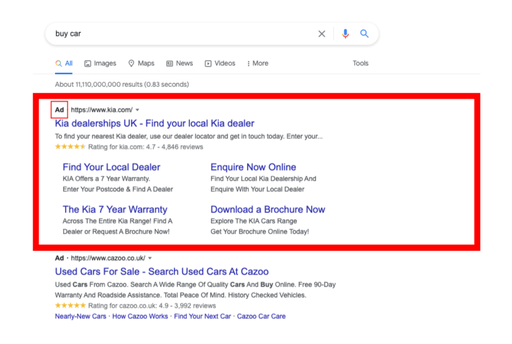 Gambar adalah screenshot dari iklan Google di hasil pencarian mereka.