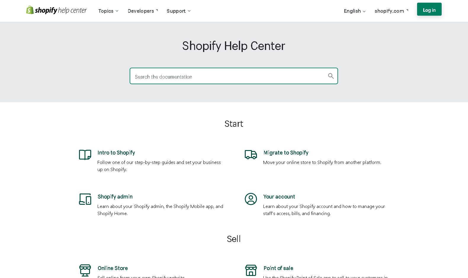 Captura de pantalla del Centro de ayuda de Shopify